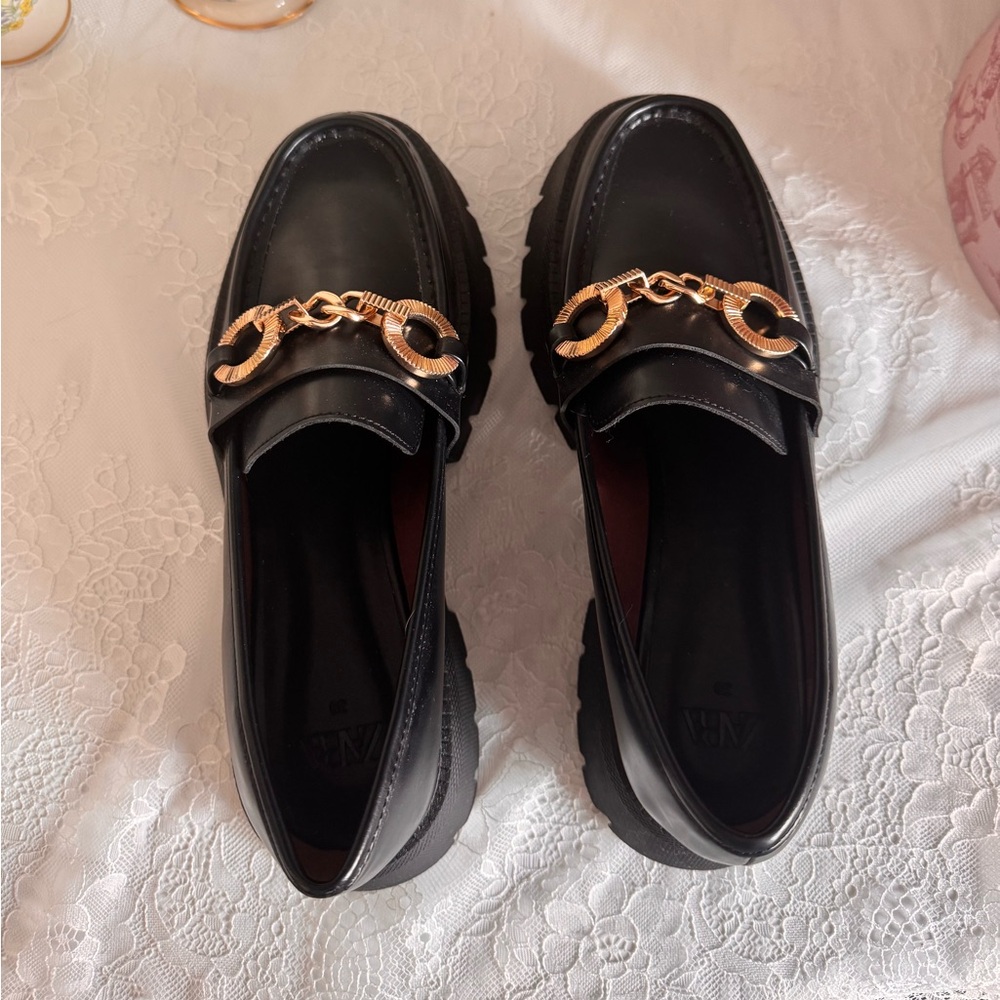 Zara Black Loafers with Gold Chain Accent